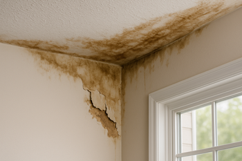 A realistic photograph of a roof with visible moisture marks and aging shingles, representing hidden interior damage caused by a roof leak. Close-up of a residential roof showing shingles after storm damage inspection