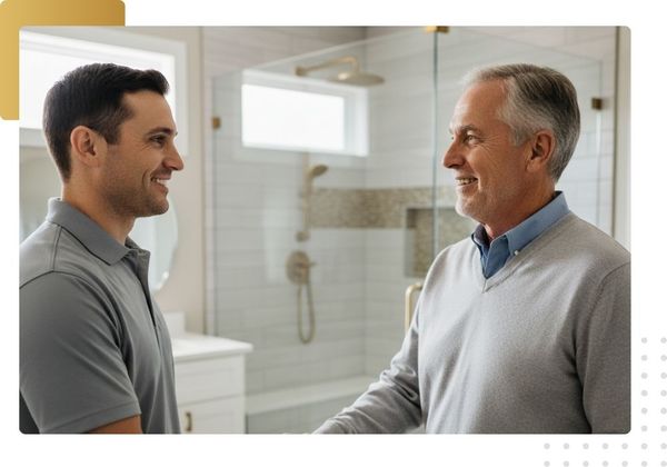 Contractor shaking hands with an older, satisfied customer in a newly remodeled, professional bathroom setting.