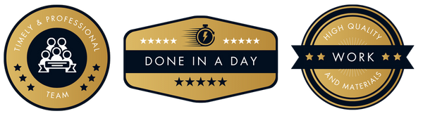 Trust badges for A+ Bath Perfections: Timely & Professional Team, Done In A Day, and High Quality Work and Materials.