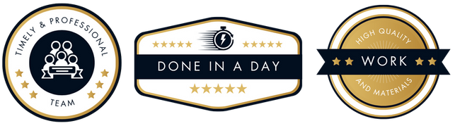 Trust badges for A+ Bath Perfections: Timely & Professional Team, Done In A Day, and High Quality Work and Materials.