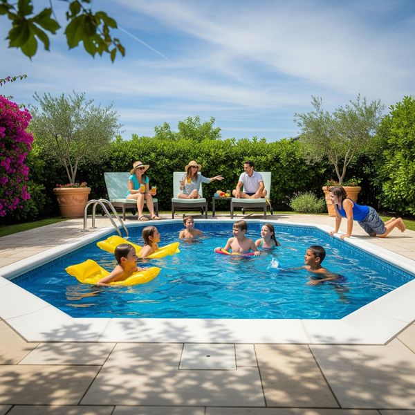 Kids playing in a Grecian pool with their parents watching