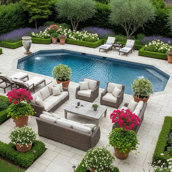 In-ground Grecian pool with a lounge area