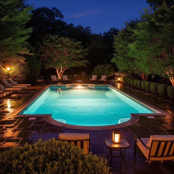 Roman-style pool at night with soft underwater lighting