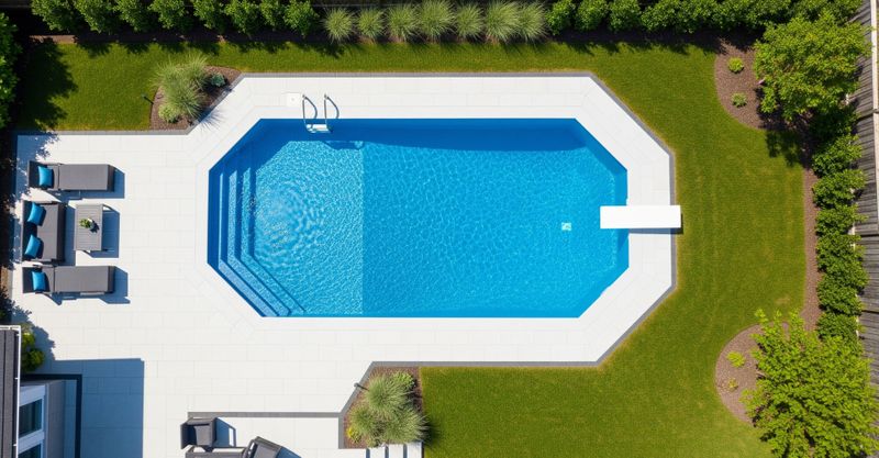 overhead image looking down at a backyard Grecian in-ground pool