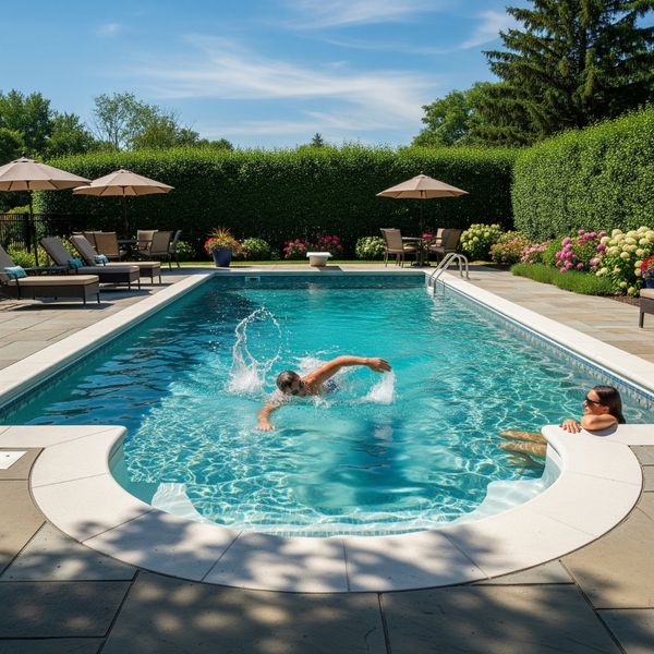 A Roman pool with a swimmer doing laps in the center while another person relaxes on built-in steps at one rounded end