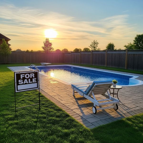A beautiful Roman pool in a landscaped backyard with a for-sale sign in the distance