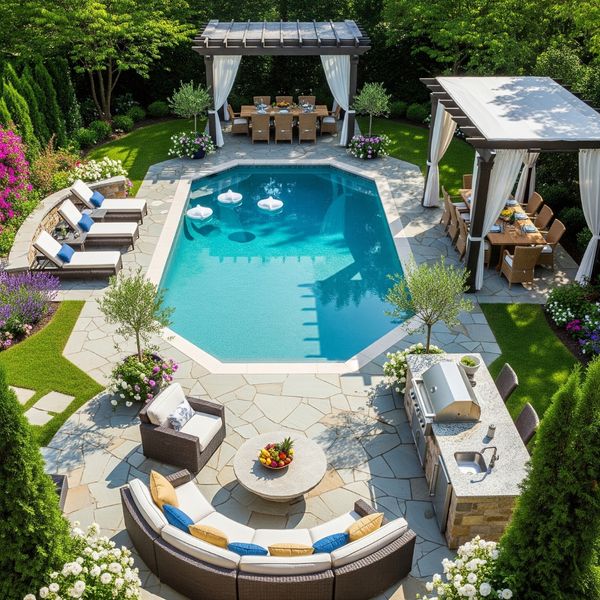 In-ground Grecian pool sourrounded by lounge seating