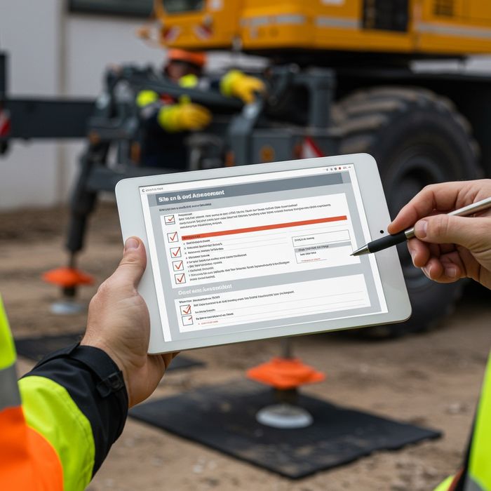 Hands holding a tablet displaying a digital site assessment checklist, with a crane's outrigger in the blurred background.