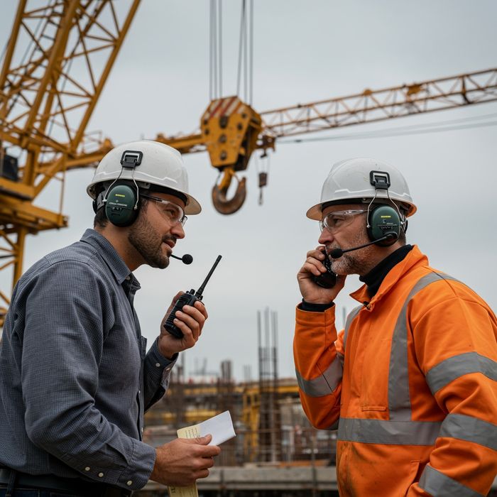 A crane operator and a signal person communicating via headsets on a construction site.