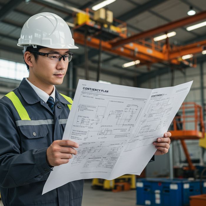 A project manager reviewing a printed lift plan or contingency document on an industrial site.