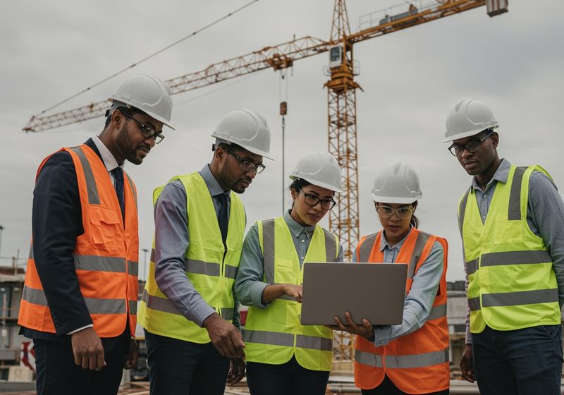 A team of construction professionals reviewing a 3D lift plan on a laptop at a busy industrial site.