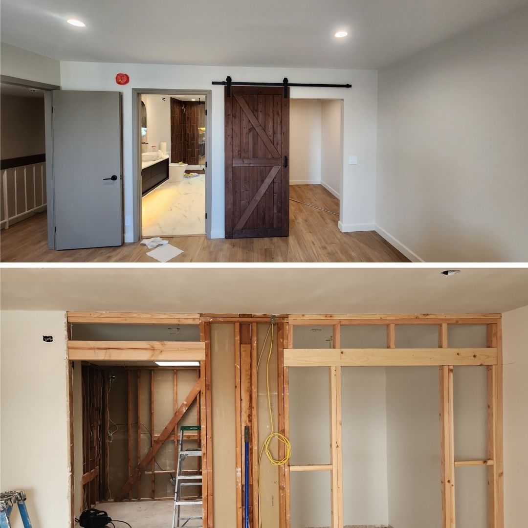 Before and after photo of a newly renovated wall into a sliding farm style door