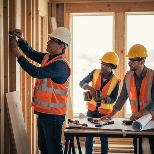 Diverse construction team members working together on a residential site
