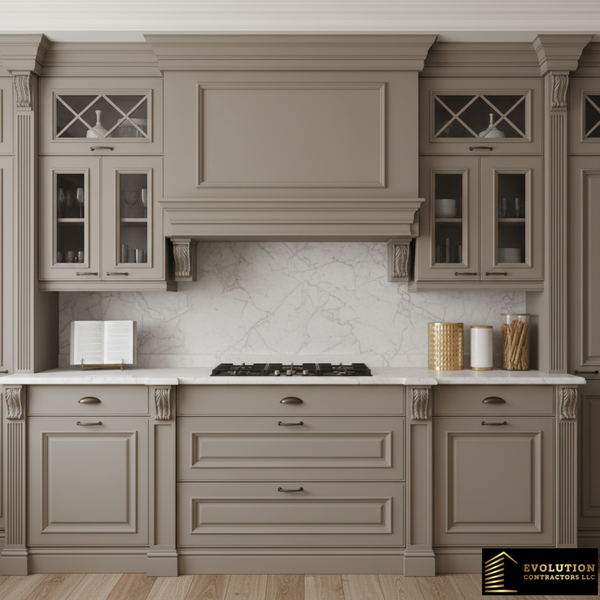 Our home kitchen boasts bespoke cabinetry in a soft gray hue, featuring intricate detailing and glass display fronts.