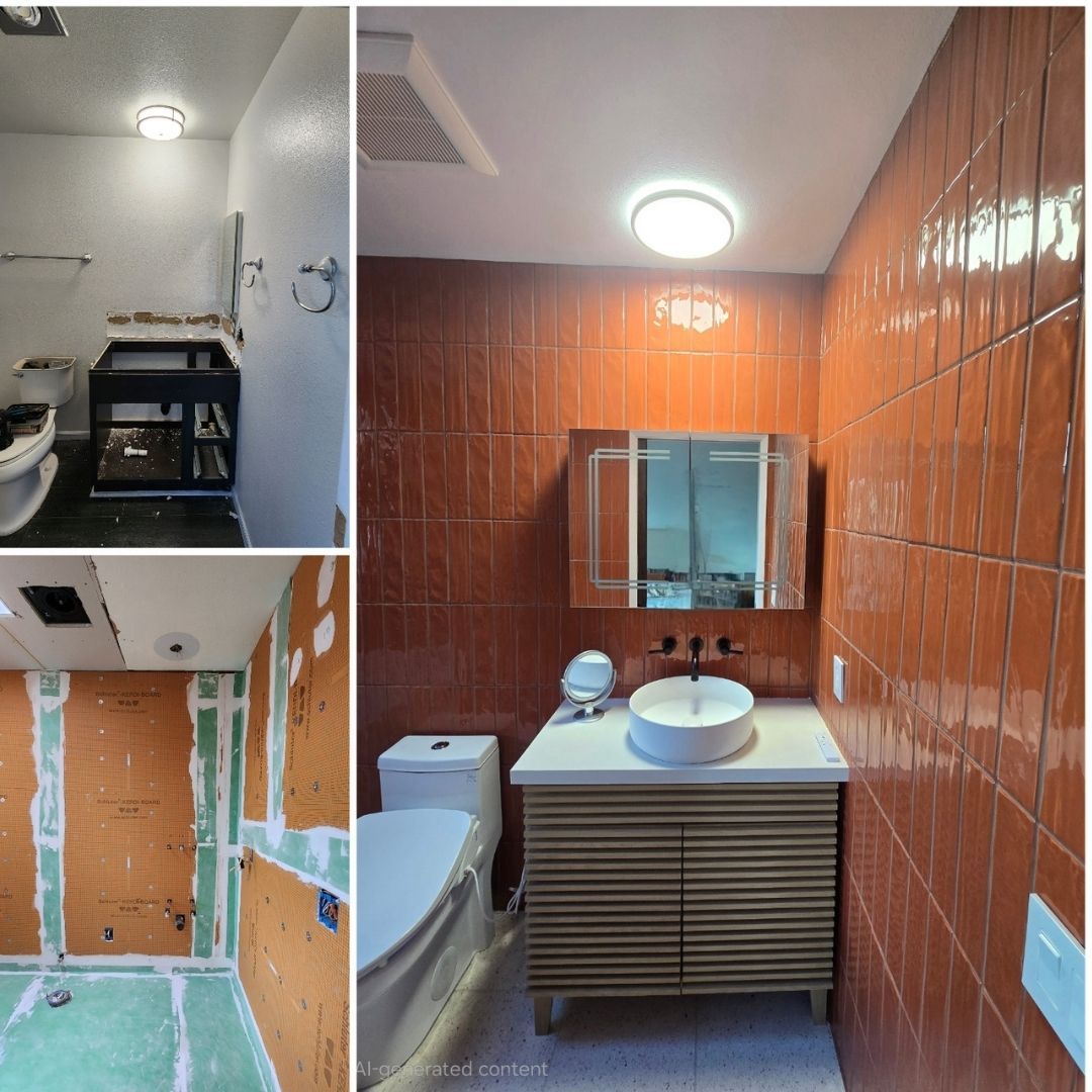 Before, during, and after photo of bathroom renovation