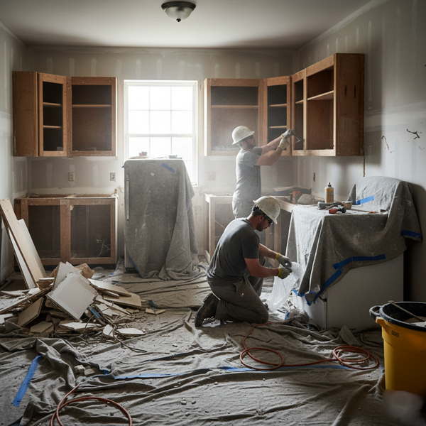 Two construction workers are engaged in the demolition of an old kitchen, with debris on the floor and protective coverings over appliances.