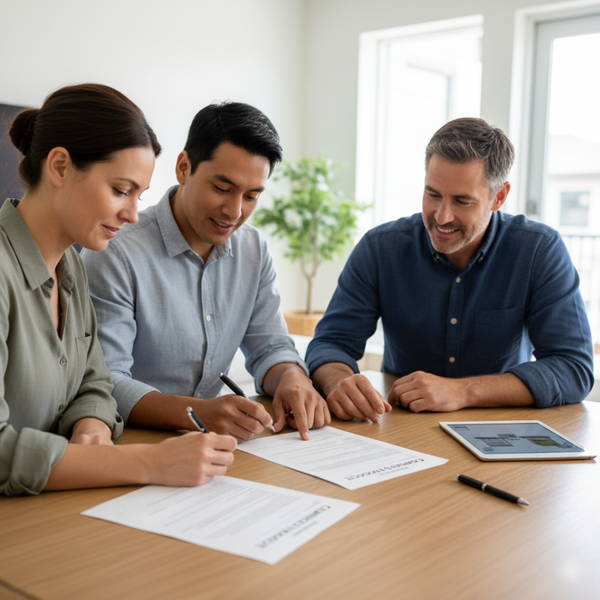 Homeowners signing a construction contract with a general contractor