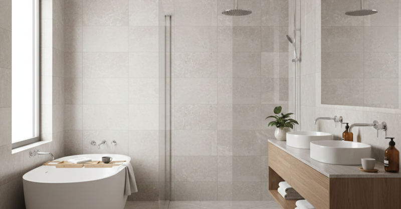 A spacious, modern bathroom features a freestanding tub, a large walk-in shower, and a double vanity under natural light.