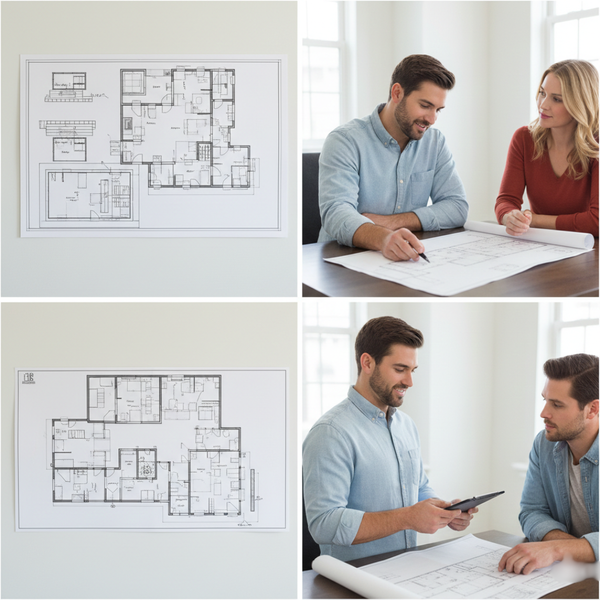 A male contractor in a blue shirt discusses bathroom remodel blueprints with a female homeowner at a table.