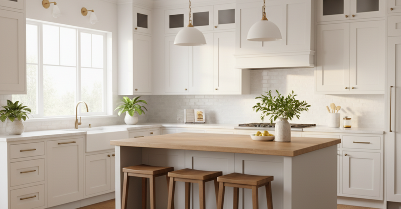 Bright, modern kitchen with natural light, wide shot