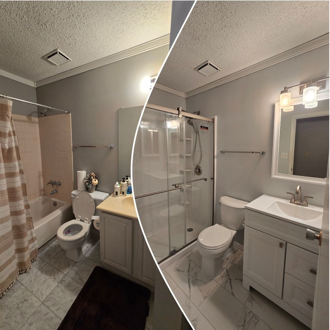 Before an after photo of a full bath