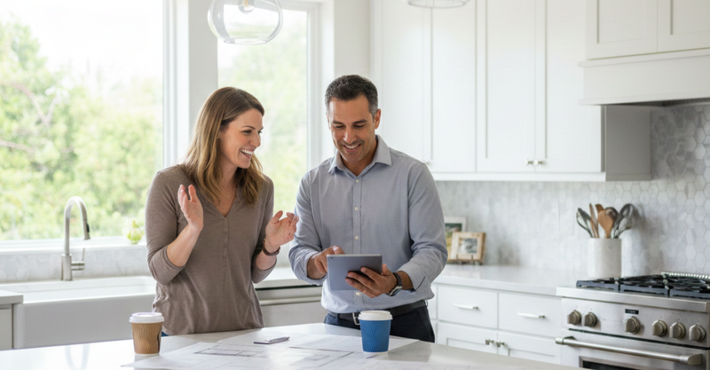 A smiling couple reviews kitchen renovation plans with a contractor on a tablet in a brightly lit, modern kitchen.