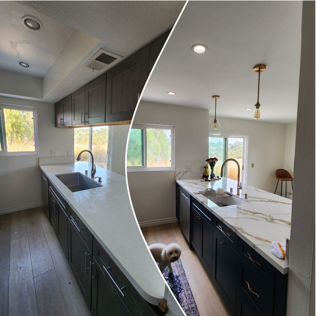 Before after of a kitchen island with new granite