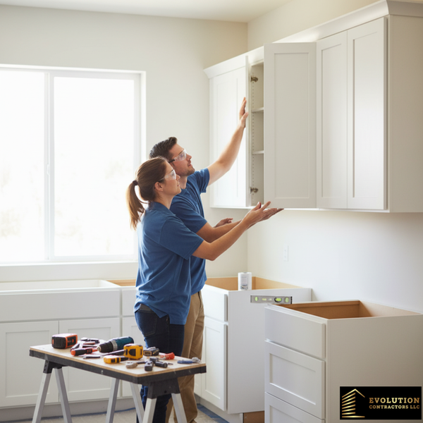An experienced team of contractors carefully installs kitchen cabinetry during a renovation project.