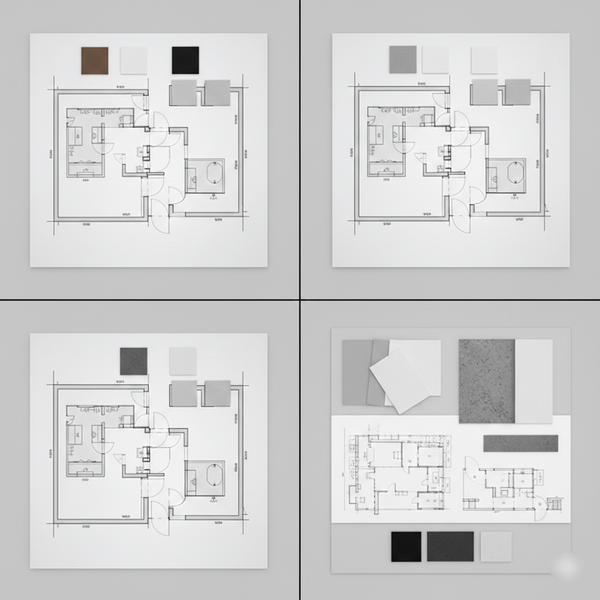 An overhead shot shows kitchen architectural plans laid out with various material samples for design selection.