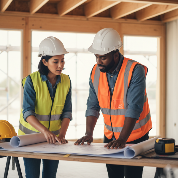 A female and a male construction worker review blueprints on a job site.