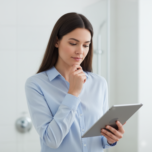A woman with long dark hair holds a tablet and thoughtfully reviews content.