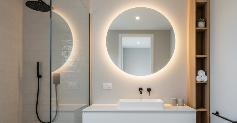 A minimalist bathroom features a floating vanity, a round illuminated mirror, and a glass shower enclosure next to wooden shelving.