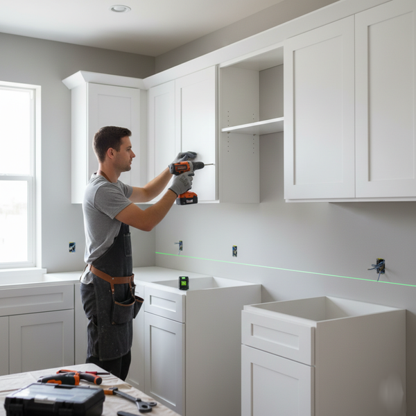 A focused carpenter meticulously installs new white kitchen cabinets using a power drill.