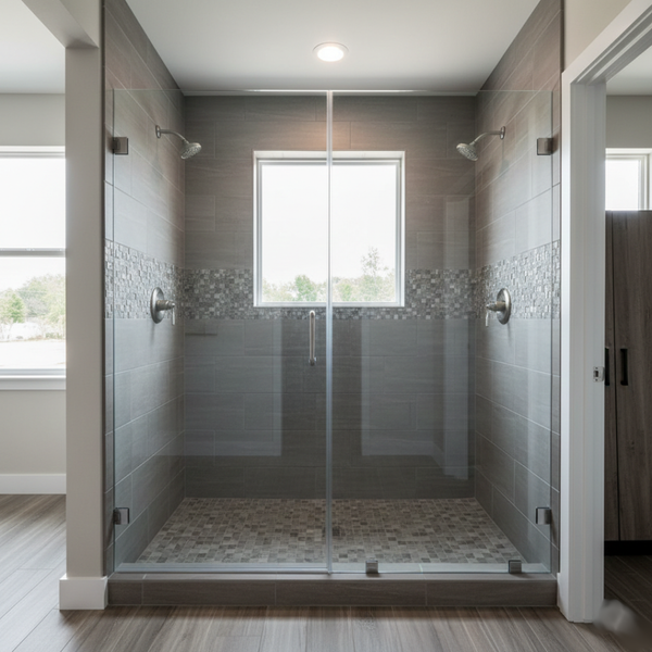 A modern bathroom features a spacious frameless glass shower with large format grey tiles and mosaic accents.