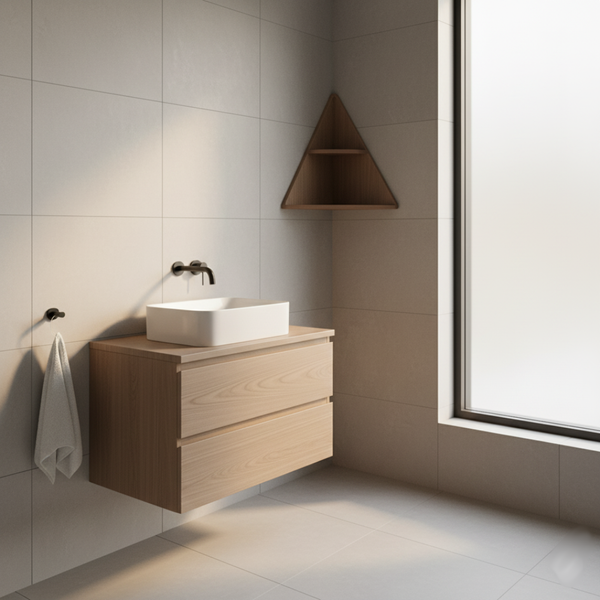 A light wood floating vanity with a vessel sink and wall-mounted faucet is illuminated by a tall window.