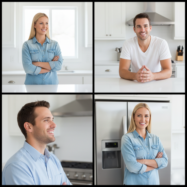 Homeowner looking at kitchen, happy expression, concept of value