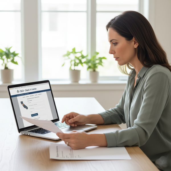 Woman verifying contractor's license on a laptop