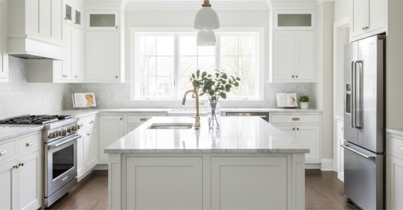 A beautifully renovated kitchen features white cabinets, a central island, and stainless steel appliances.