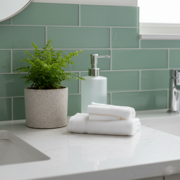 A clean bathroom counter features a green potted plant, stacked white towels, and a soap dispenser against a mint green tiled wall.