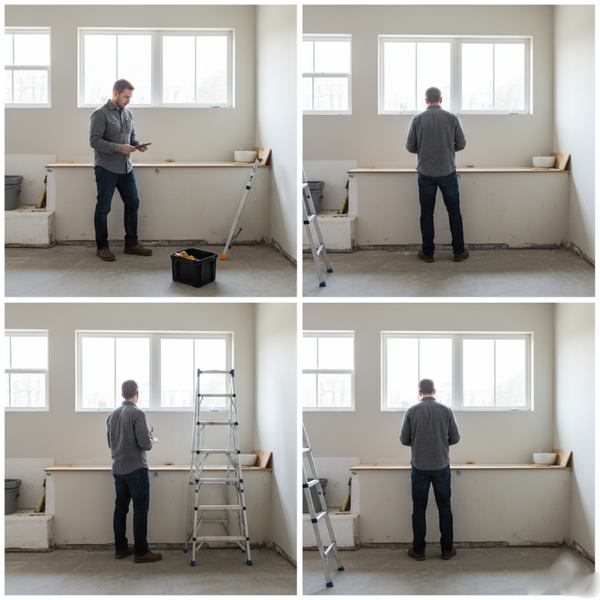 A male contractor in a plaid shirt stands in a bathroom under construction, using a tablet.