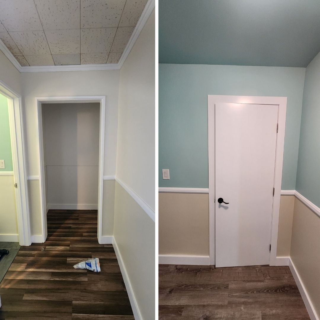 Before and after comparison of a door in a hallway with freshly painted walls