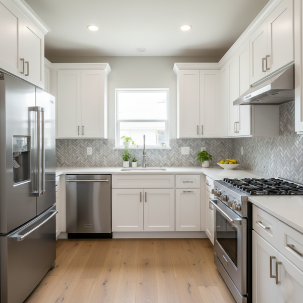 Breathtakingly clean and modern kitchen with pristine white cabinets, new stainless steel appliances, and elegant tile backsplash.