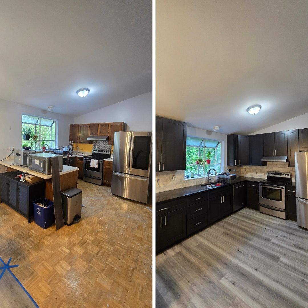 Before and after photo of renovated kitchen in a Californian home