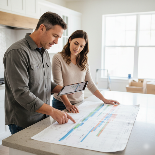 ontractor and homeowner reviewing a detailed project timeline