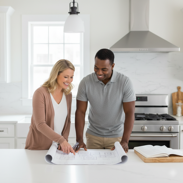 Diverse couple discussing kitchen renovation plans with contractor, smiling