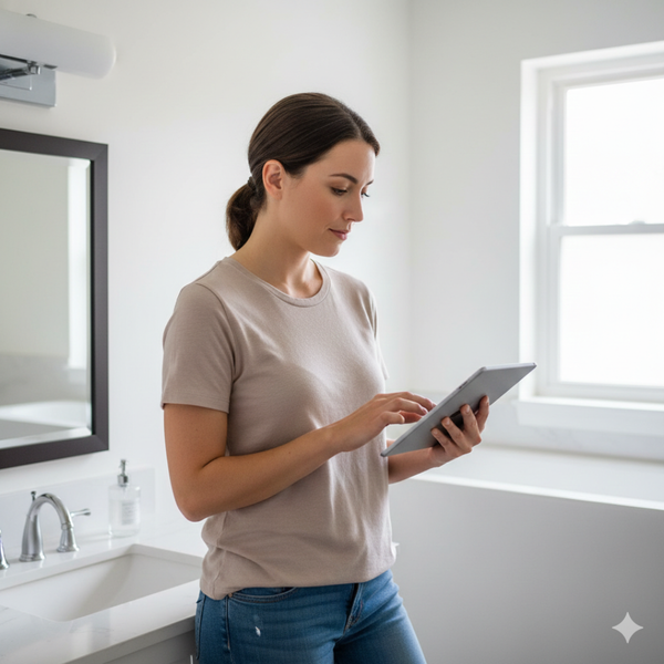 A woman stands in a light-filled bathroom, thoughtfully scrolling through ideas on her tablet.
