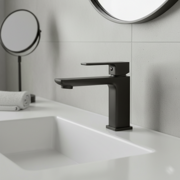 A close-up of a stylish matte black faucet over a white sink in a contemporary bathroom.