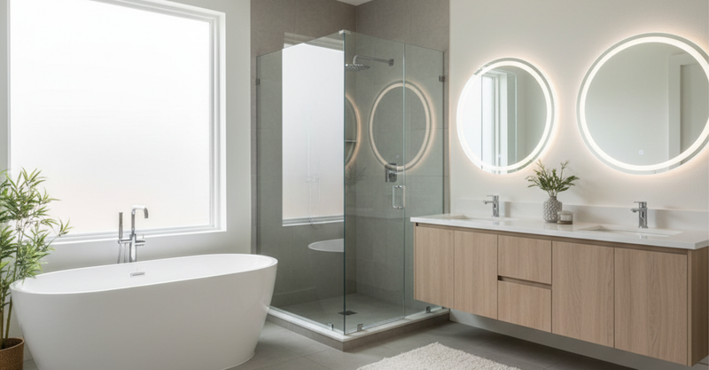 The modern bathroom features a freestanding tub, glass shower, and double vanity with illuminated mirrors.
