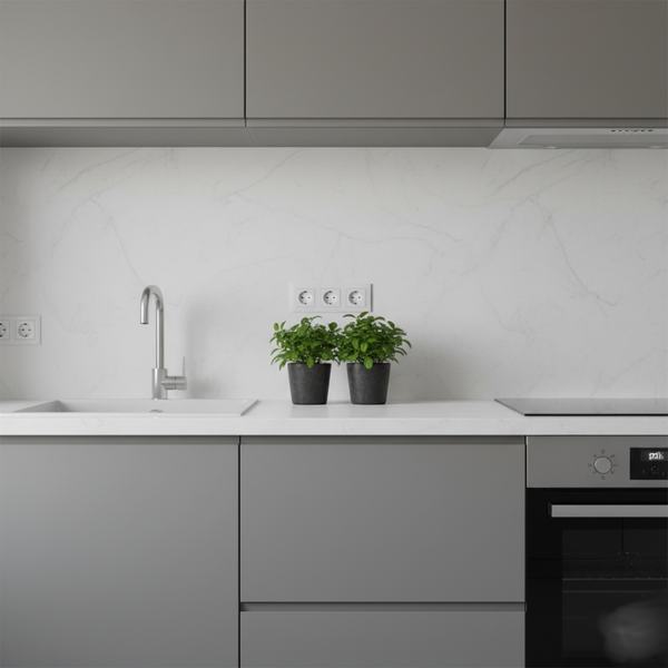 Detailed shot of new kitchen countertop, backsplash, fresh herbs