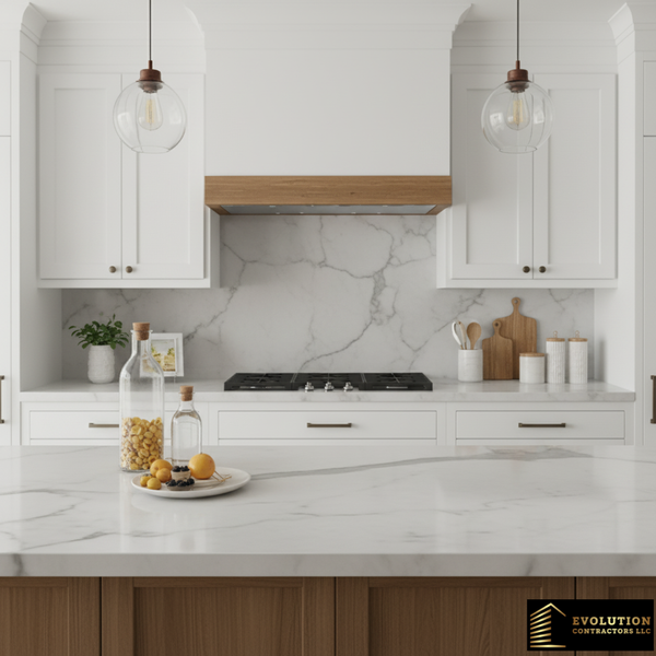 Our kitchen features an expansive marble countertop with elegant grey veining, providing a sophisticated workspace.